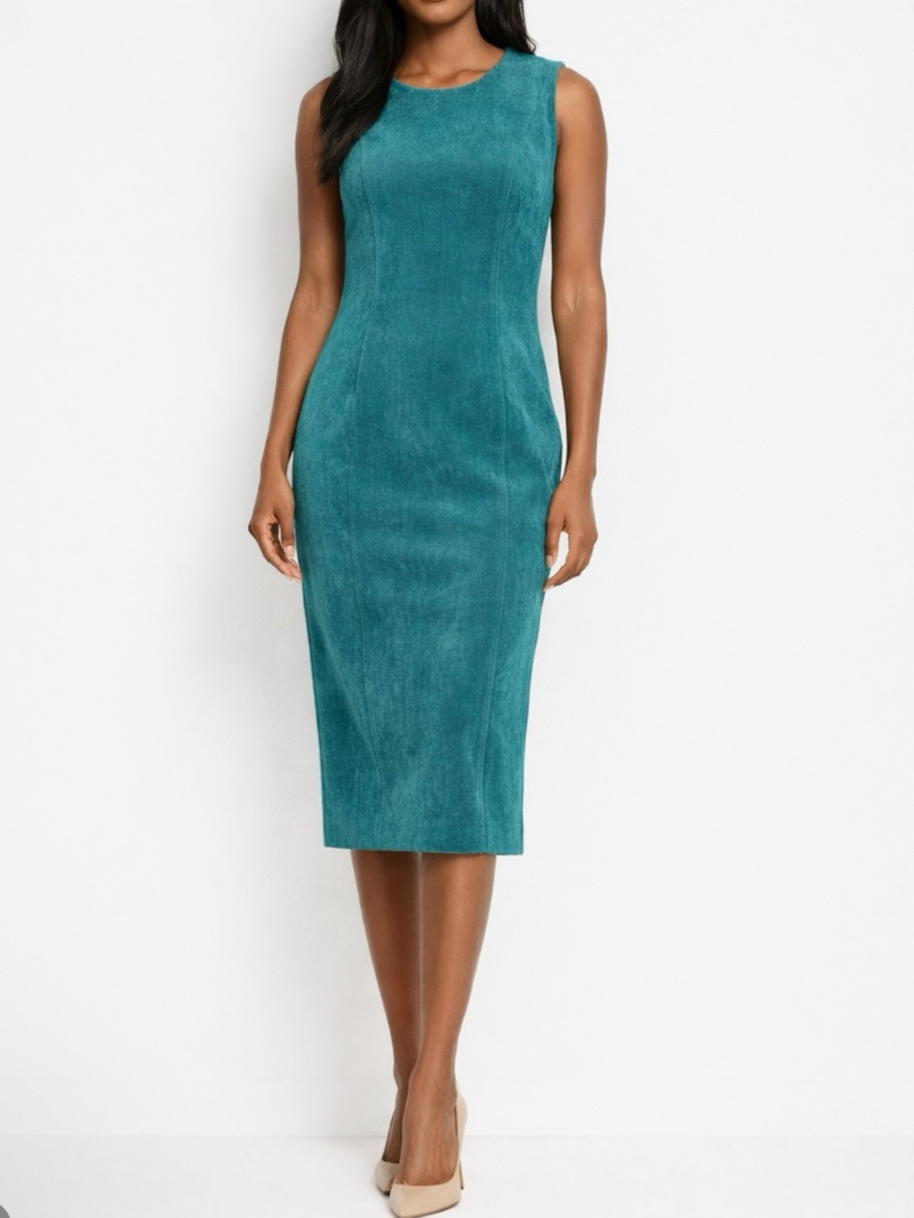 Calvin Klein Faux Suede Sheath‎ Dress Size 14 Teal Blue Sleeveless Career